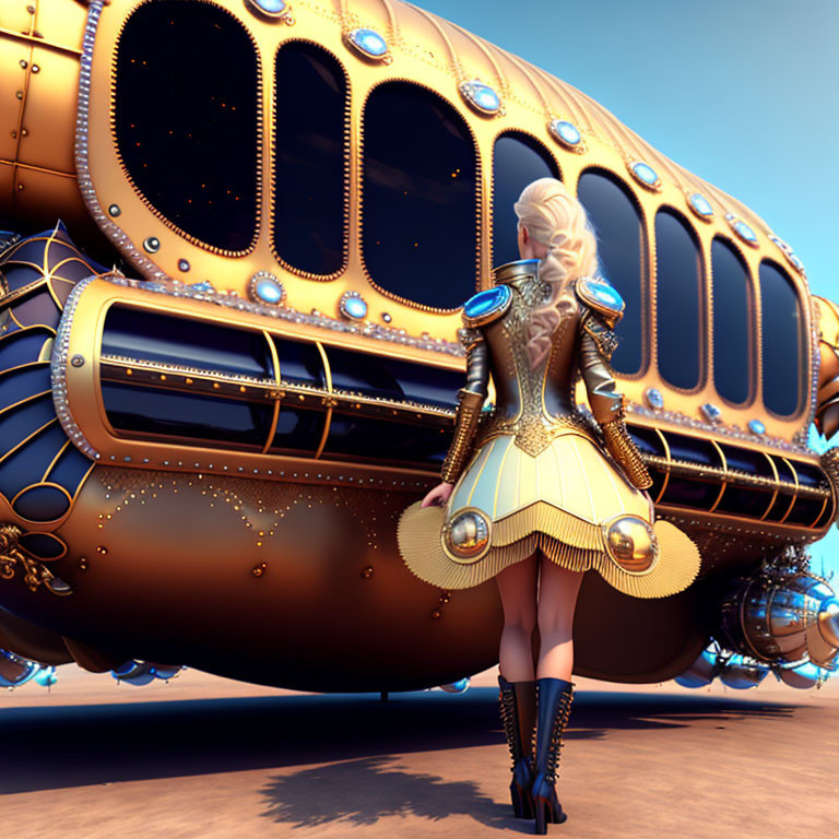 Steampunk-themed female character with airship in warm landscape