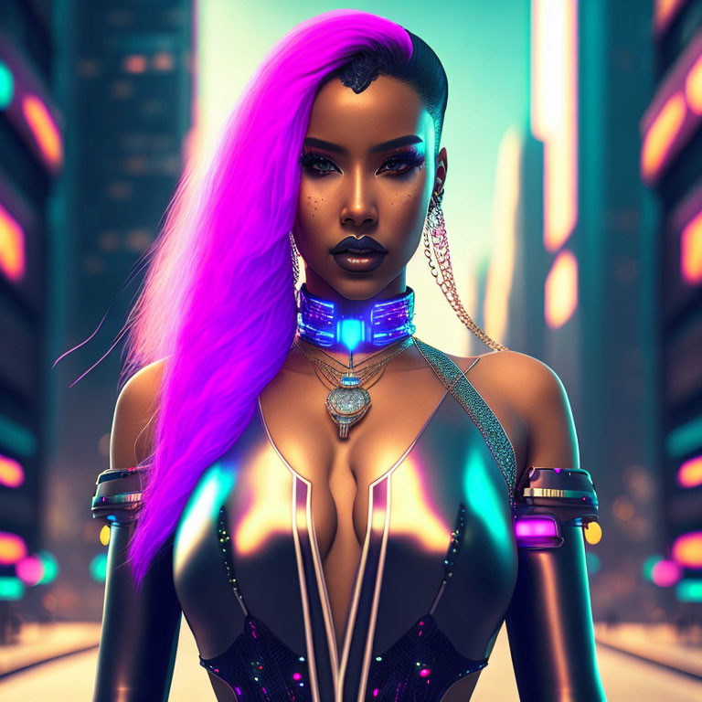 Futuristic woman with purple hair and cybernetic neckpiece in neon-lit cityscape