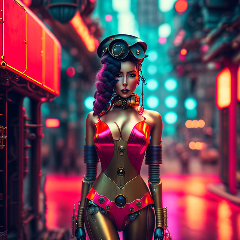 Futuristic female android with purple hair in neon cityscape