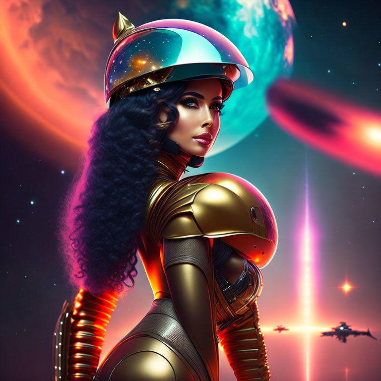 Futuristic female figure in golden sci-fi suit with space helmet in cosmic setting