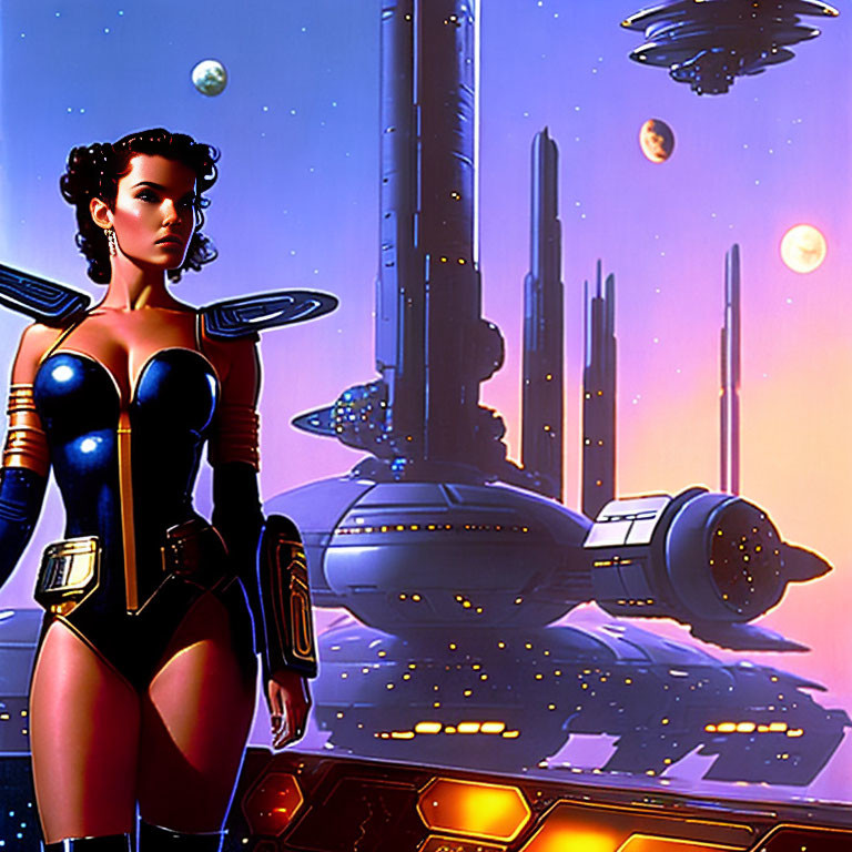 Futuristic sci-fi female character in cosmic setting