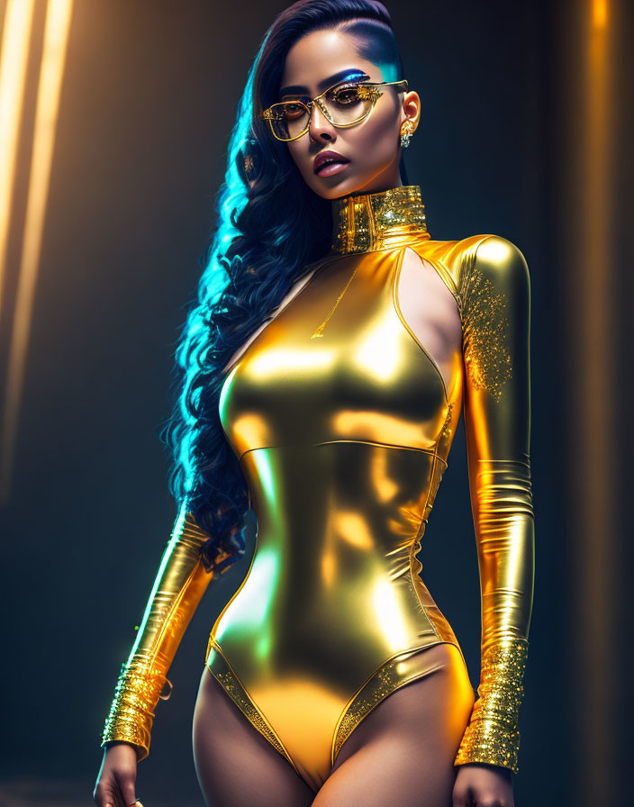 Stylish woman in gold bodysuit and blue hair with glasses poses confidently