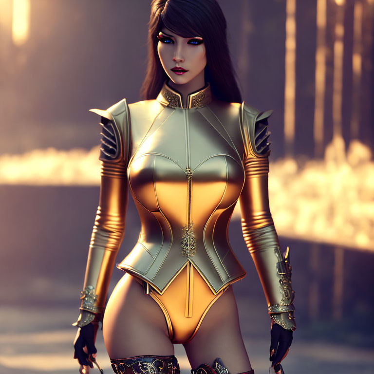 Golden Fantasy Armor Female Character Posed in Warm Environment