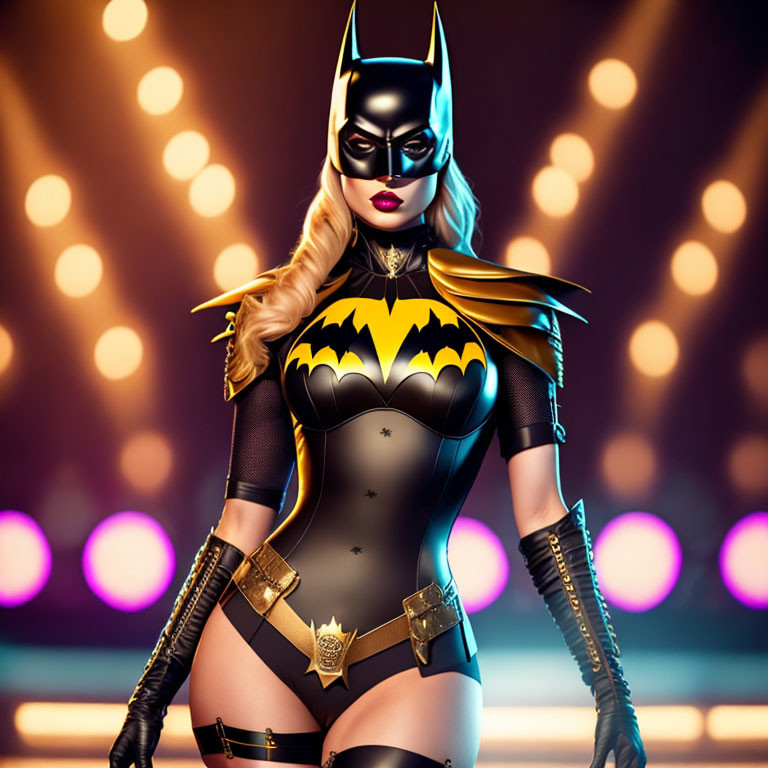 Female superhero in black and yellow costume with bat-like mask and cape, standing confidently in bokeh light