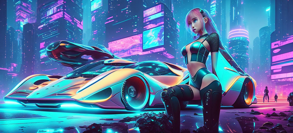 Futuristic cityscape with neon lights and sci-fi fashion woman.