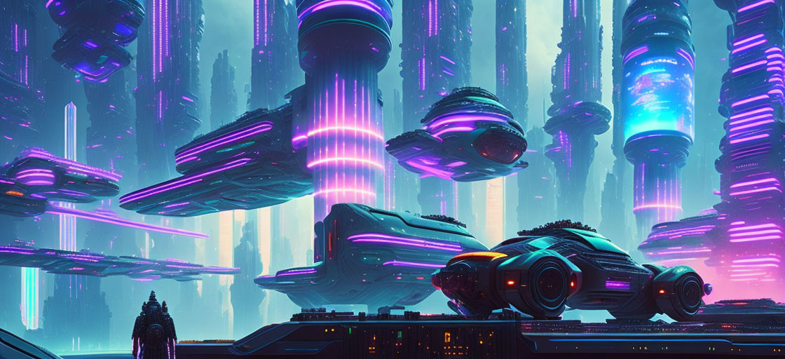 Futuristic cityscape with neon-lit towers and flying vehicles