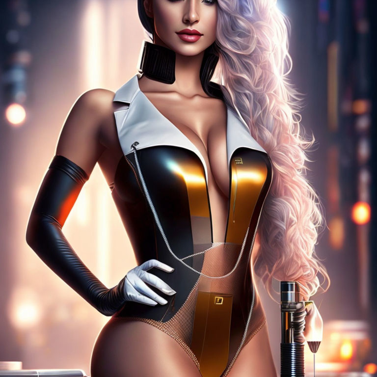 Futuristic digital artwork of white-haired female in gold and black suit