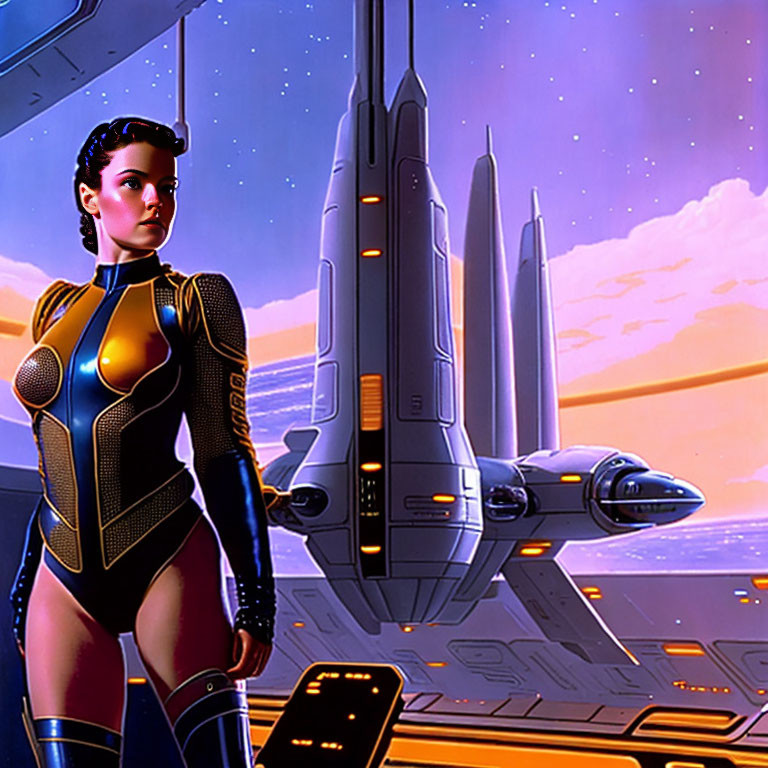 Futuristic woman in sleek suit with spaceships and purple sky