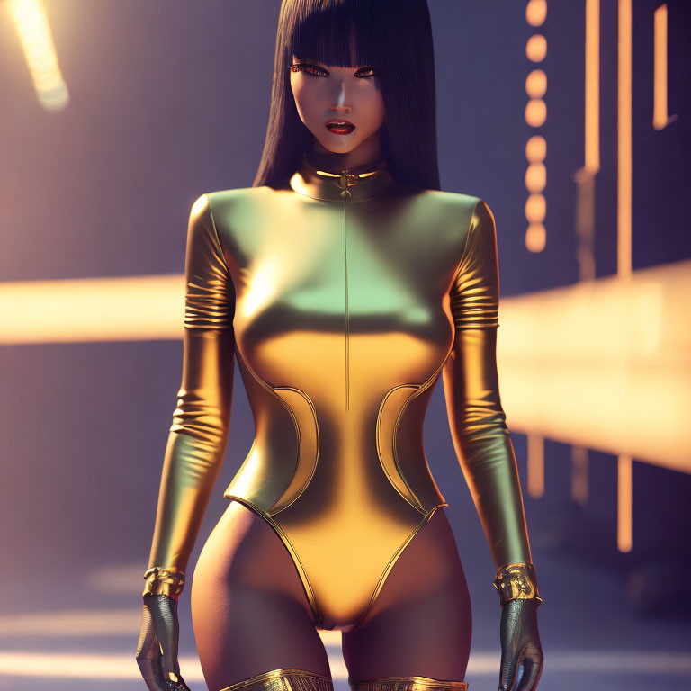 Stylized 3D rendering of woman in gold and black bodysuit against geometric backdrop