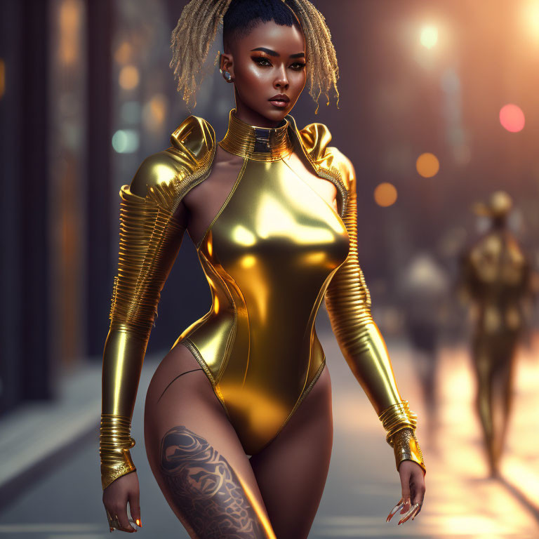 3D-rendered woman in golden armor attire on city street at dusk