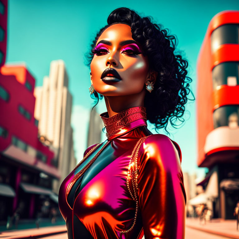 Glamorous Woman in Red Outfit with Dramatic Makeup in Urban Setting