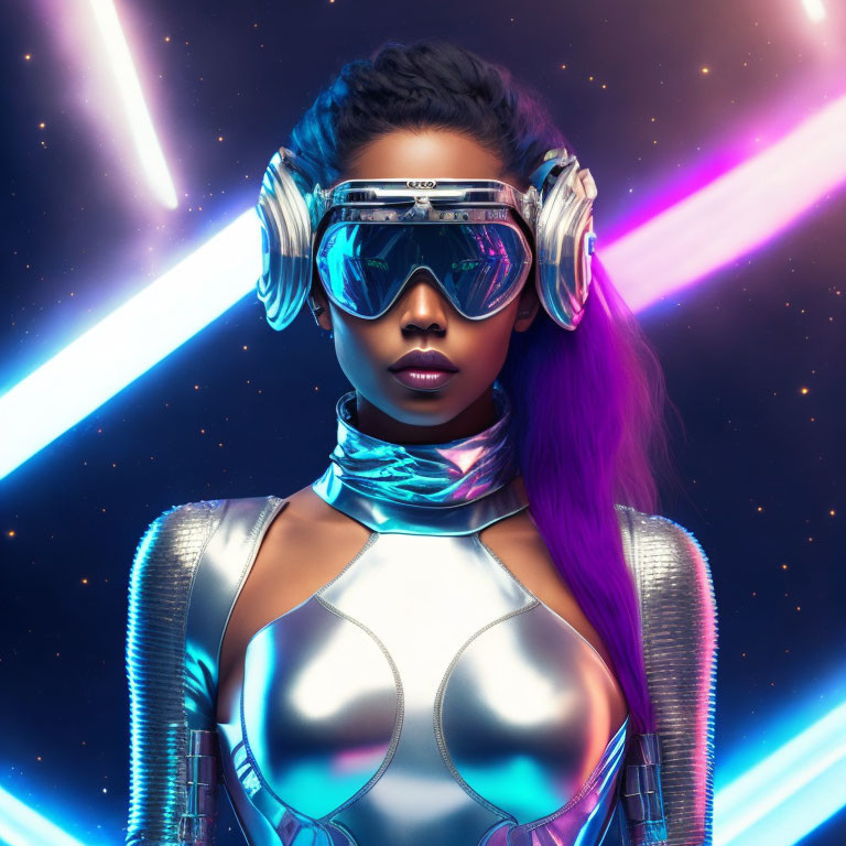 Futuristic woman with purple hair in silver attire under neon lights