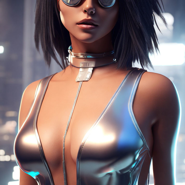 Futuristic woman in silver bodysuit and sunglasses under neon lights