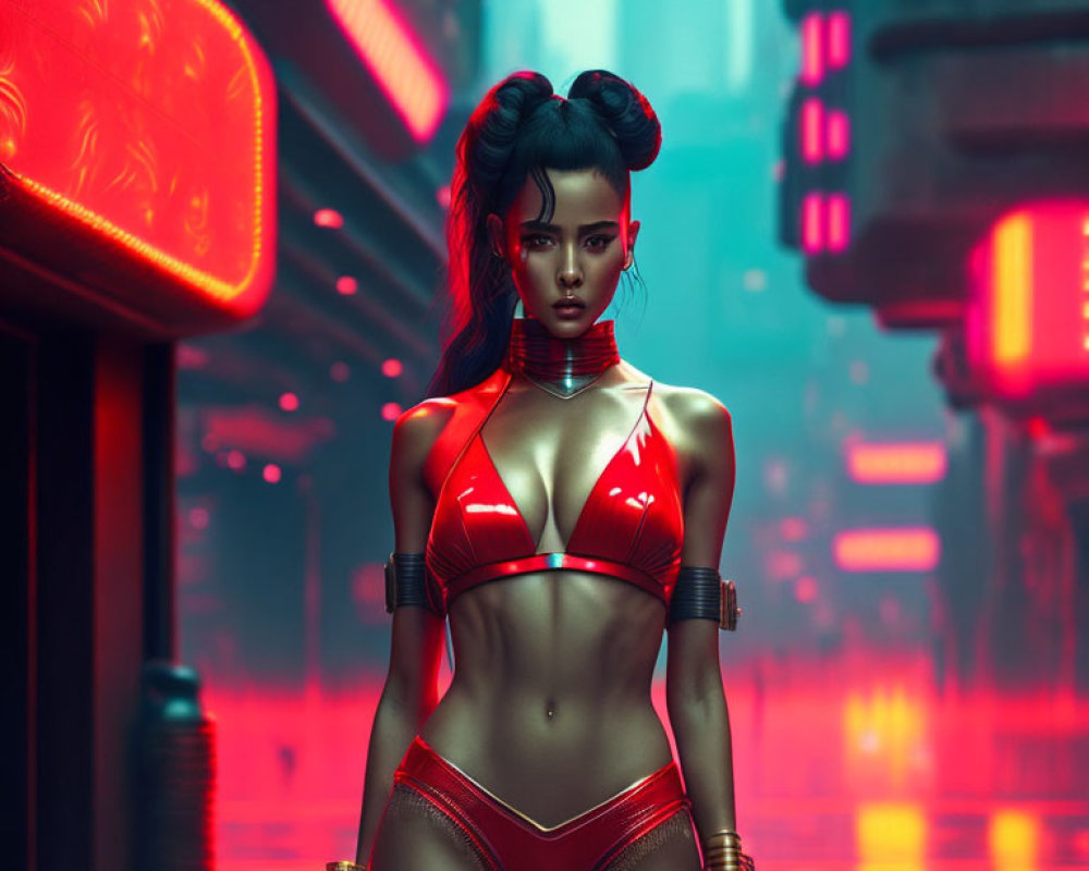 Digital Artwork: Woman in Futuristic Attire in Neon Cyberpunk City