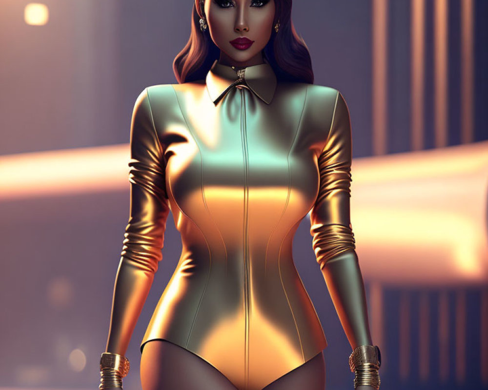 Sleek Bob Haircut Woman in Golden Bodysuit Illustration