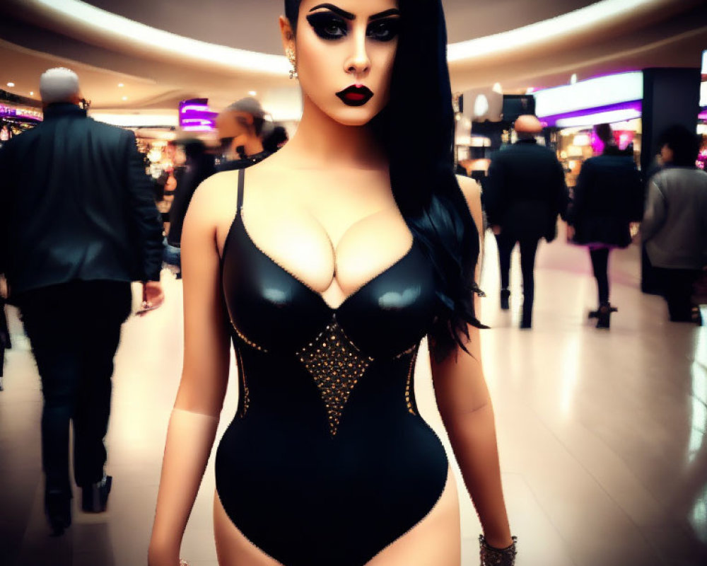 Stylized image of dark-haired woman in black outfit at shopping mall