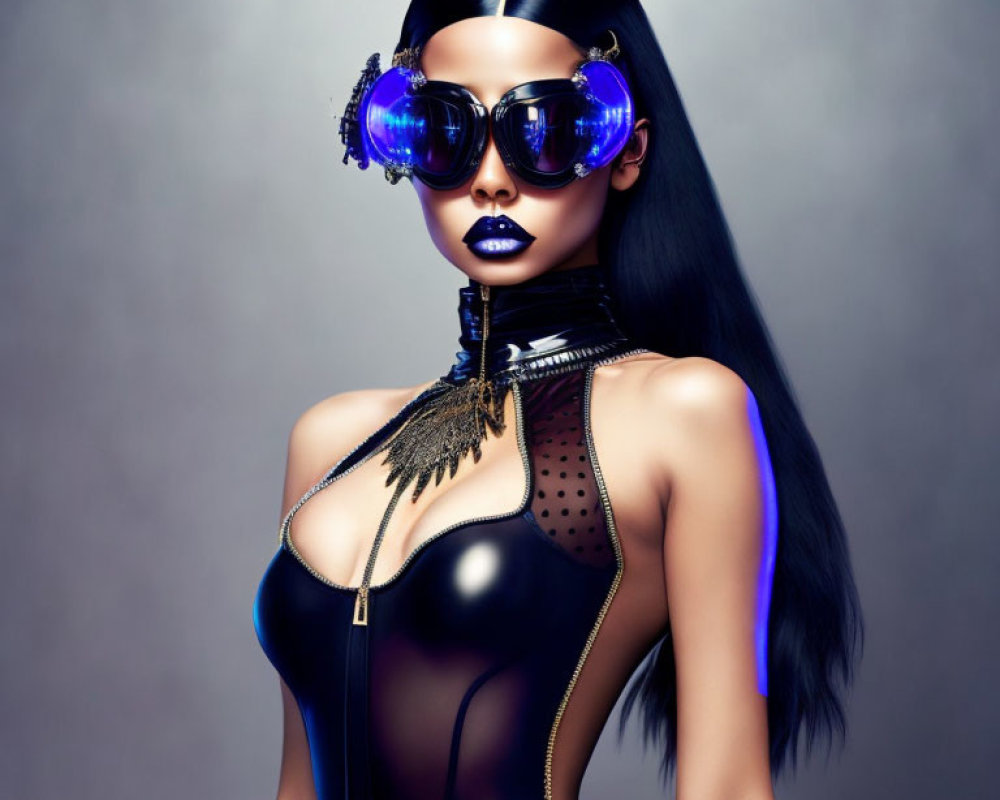 Sleek black hair woman in blue-tinted goggles and black bodysuit