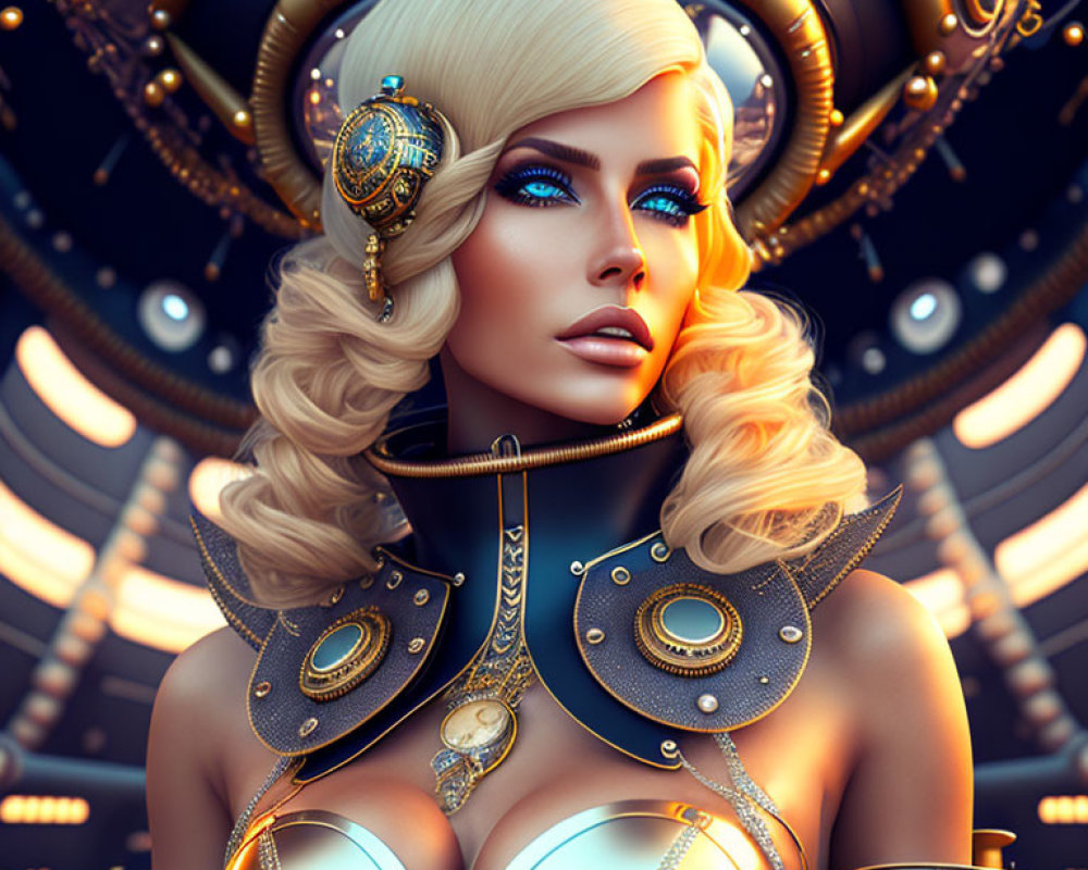 Futuristic digital illustration of blonde woman in ornate gold armor