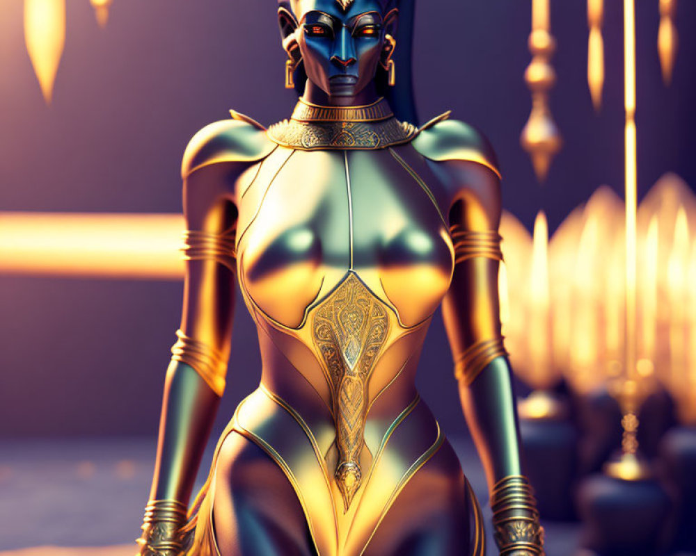 Golden futuristic female figure with Egyptian features in a room with warm lighting