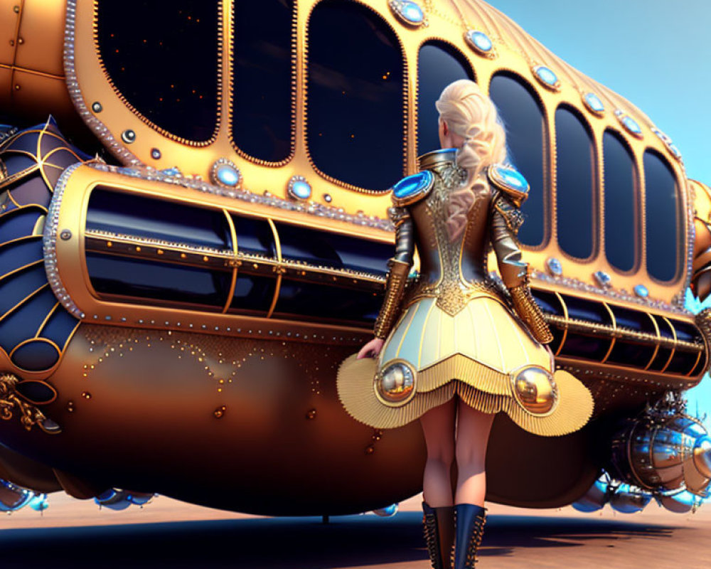 Steampunk-themed female character with airship in warm landscape