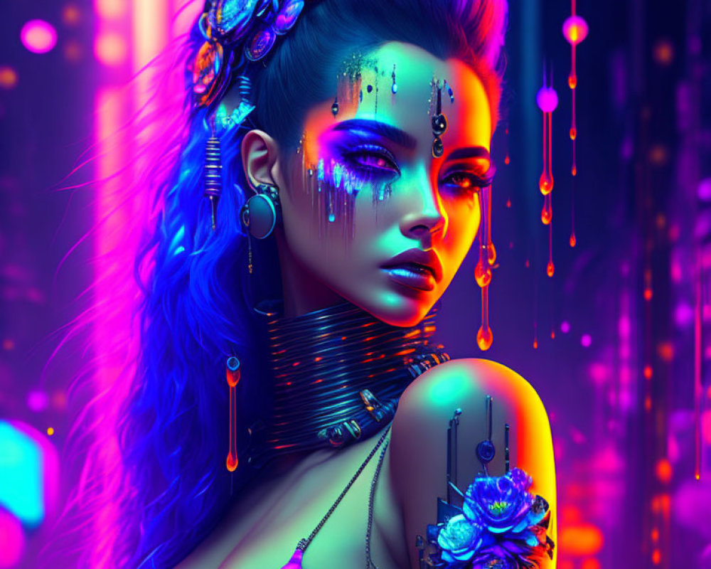 Blue-haired cyberpunk woman with glowing makeup and neon tears on vibrant background