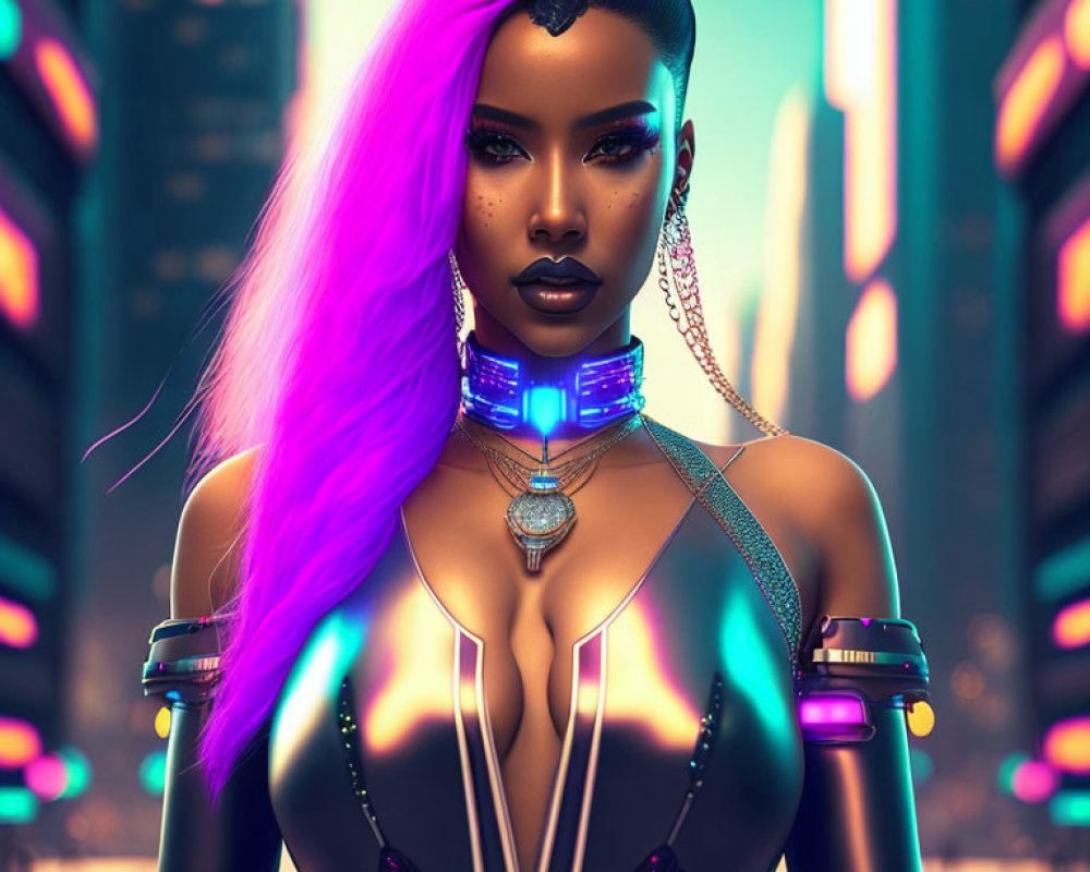 Futuristic woman with purple hair and cybernetic neckpiece in neon-lit cityscape