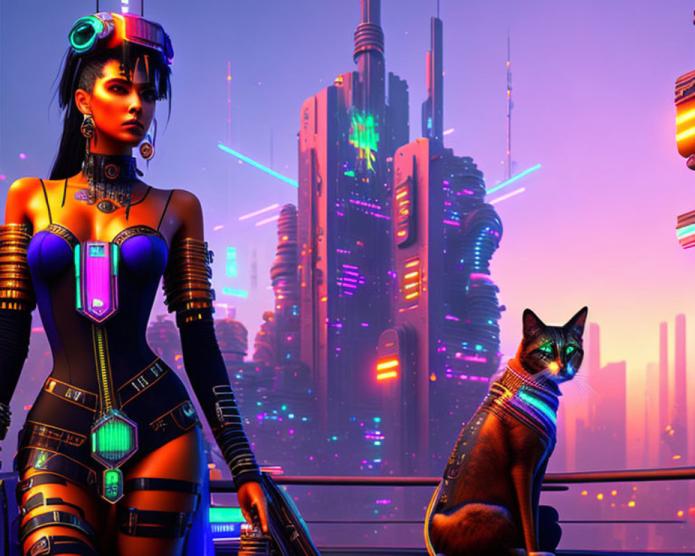 Futuristic cyberpunk woman and neon cat in cityscape at dusk