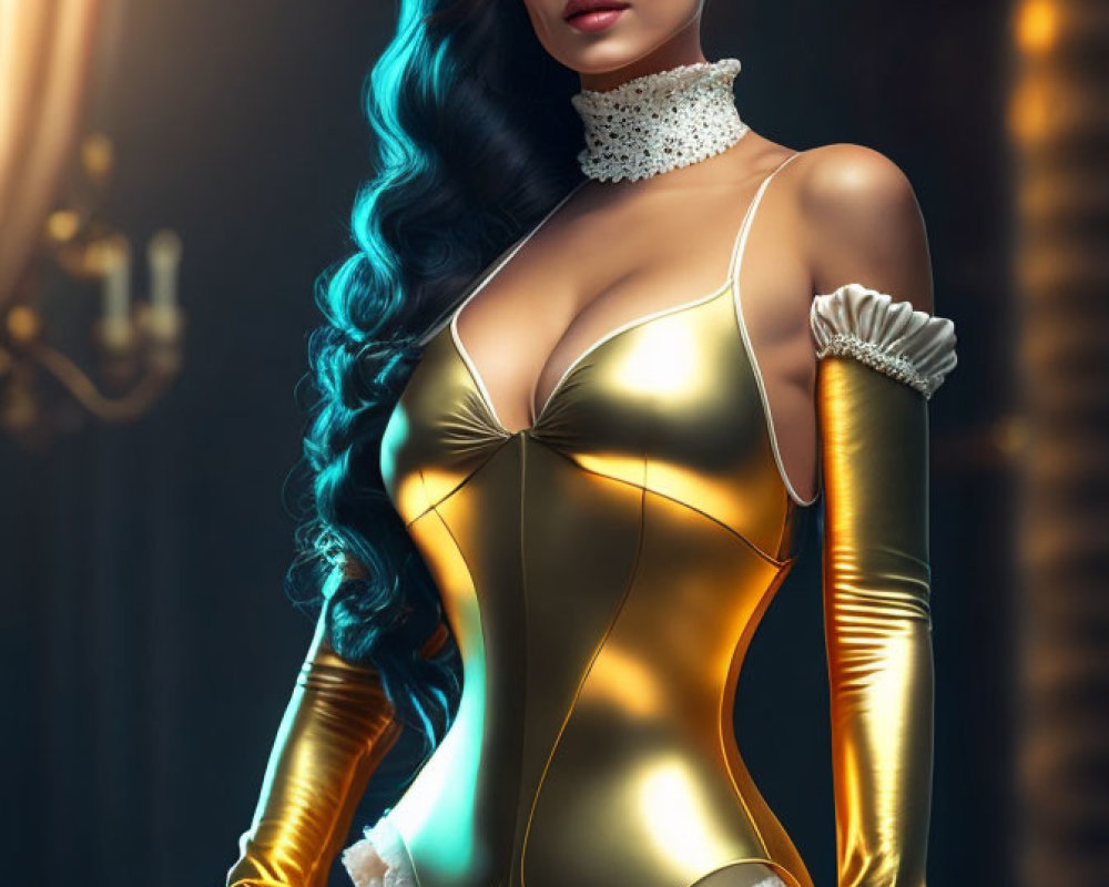 Woman in golden corset with whip and blue hair on dark background