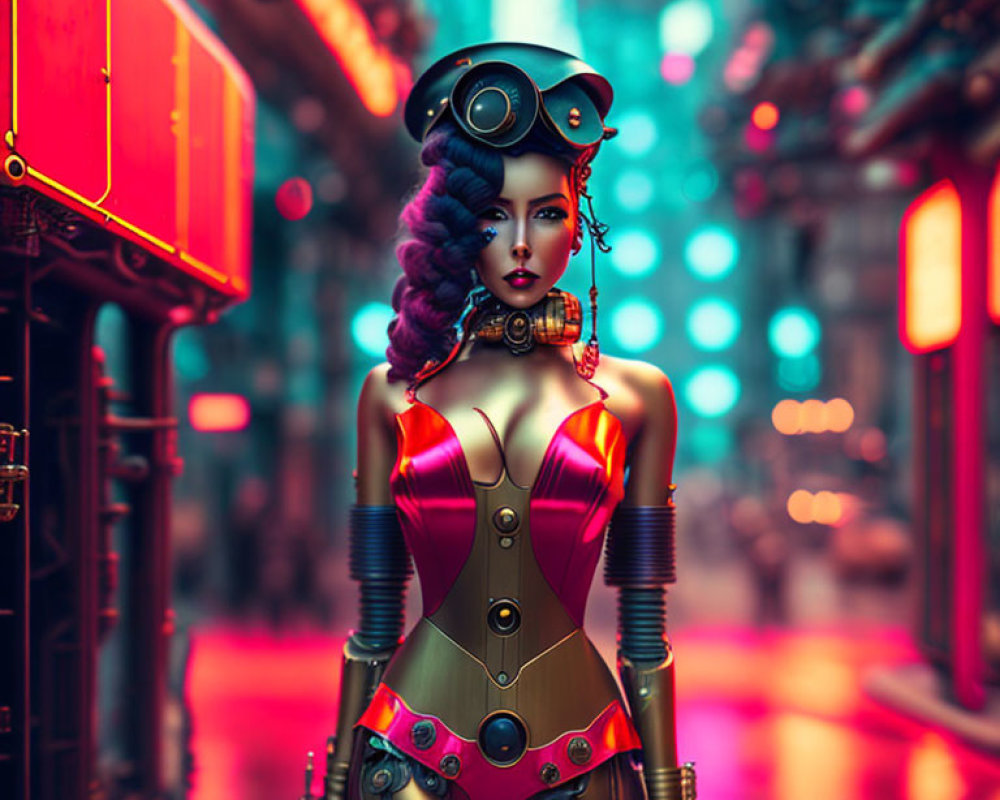 Futuristic female android with purple hair in neon cityscape