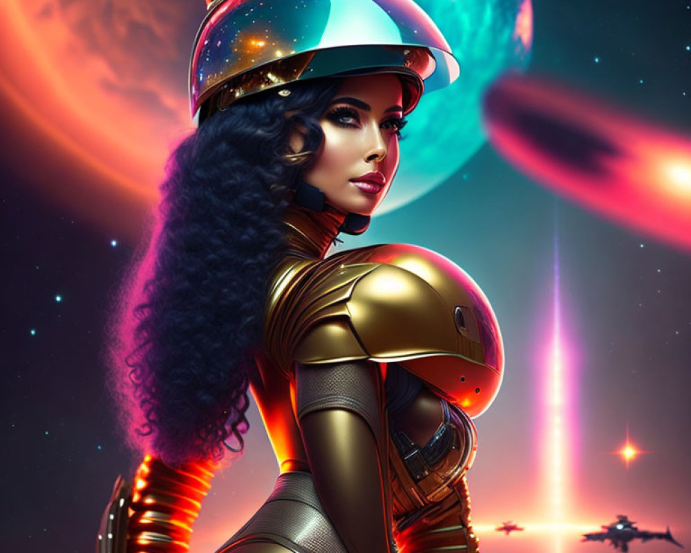 Futuristic female figure in golden sci-fi suit with space helmet in cosmic setting