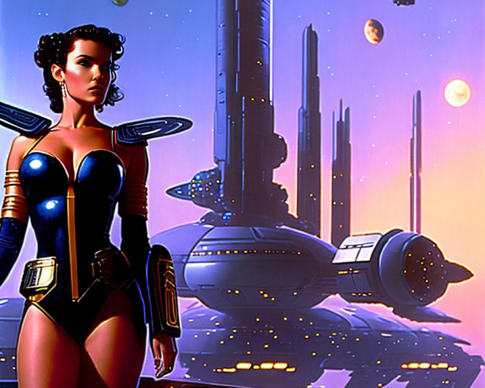 Futuristic sci-fi female character in cosmic setting