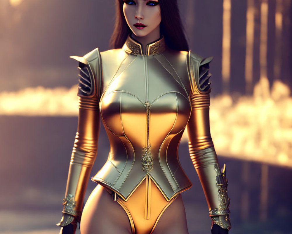 Golden Fantasy Armor Female Character Posed in Warm Environment