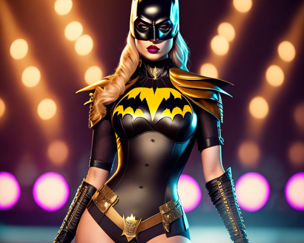 Female superhero in black and yellow costume with bat-like mask and cape, standing confidently in bokeh light