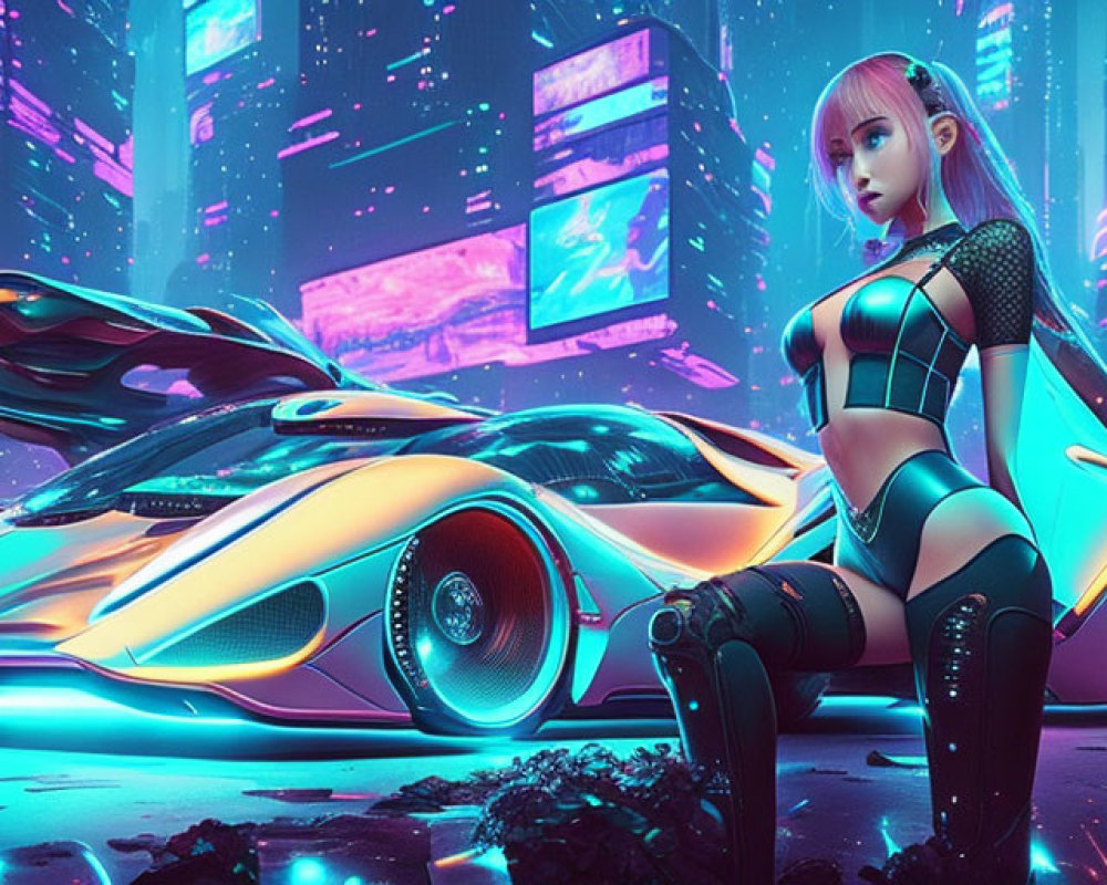 Futuristic cityscape with neon lights and sci-fi fashion woman.