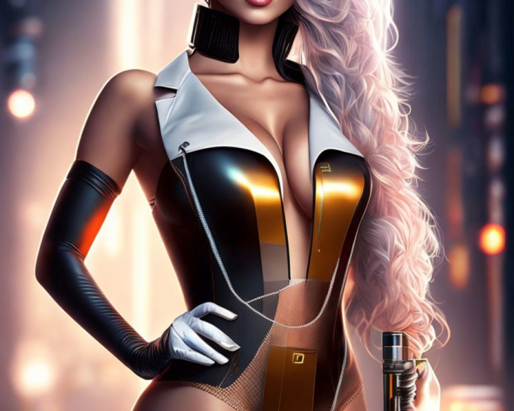 Futuristic digital artwork of white-haired female in gold and black suit