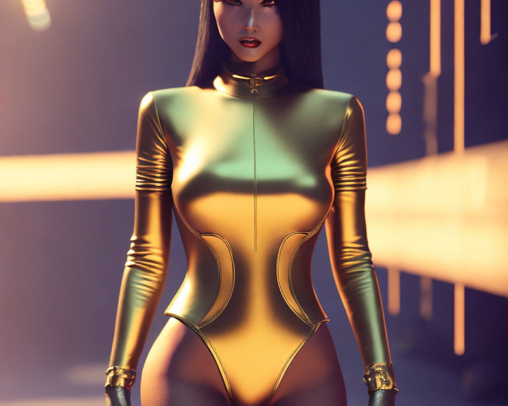 Stylized 3D rendering of woman in gold and black bodysuit against geometric backdrop