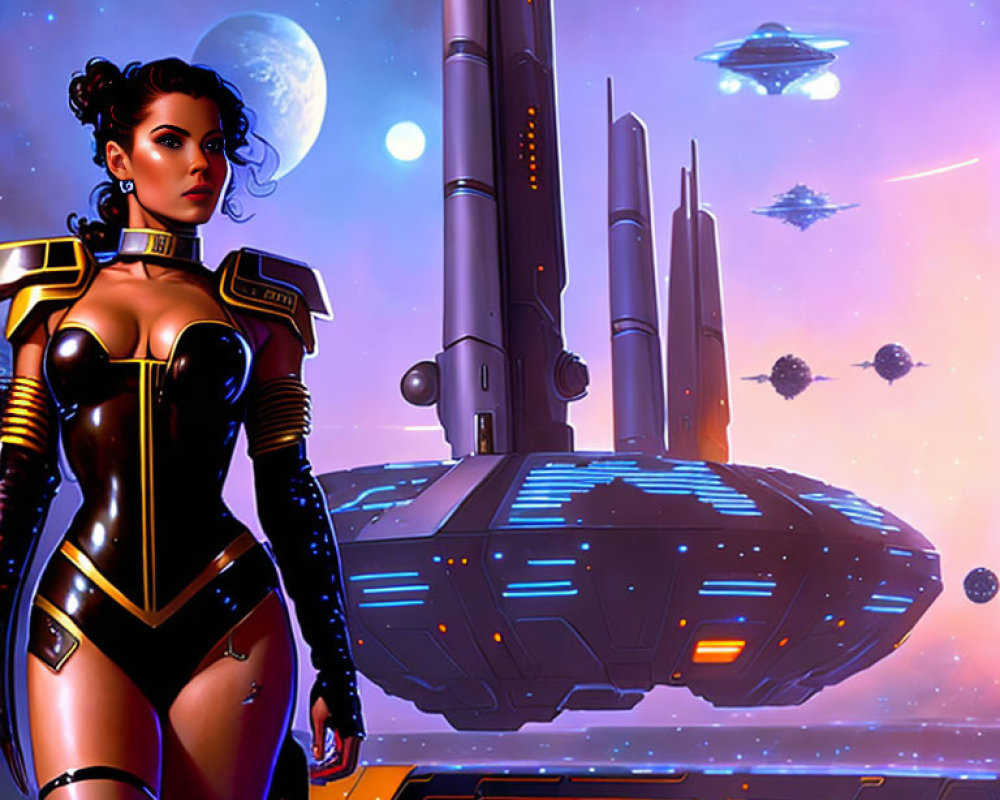 Futuristic female warrior in sleek armor suit with space colony backdrop