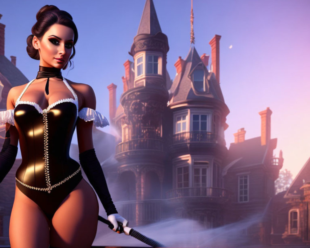 3D-rendered woman in black corset with whip at Victorian mansion