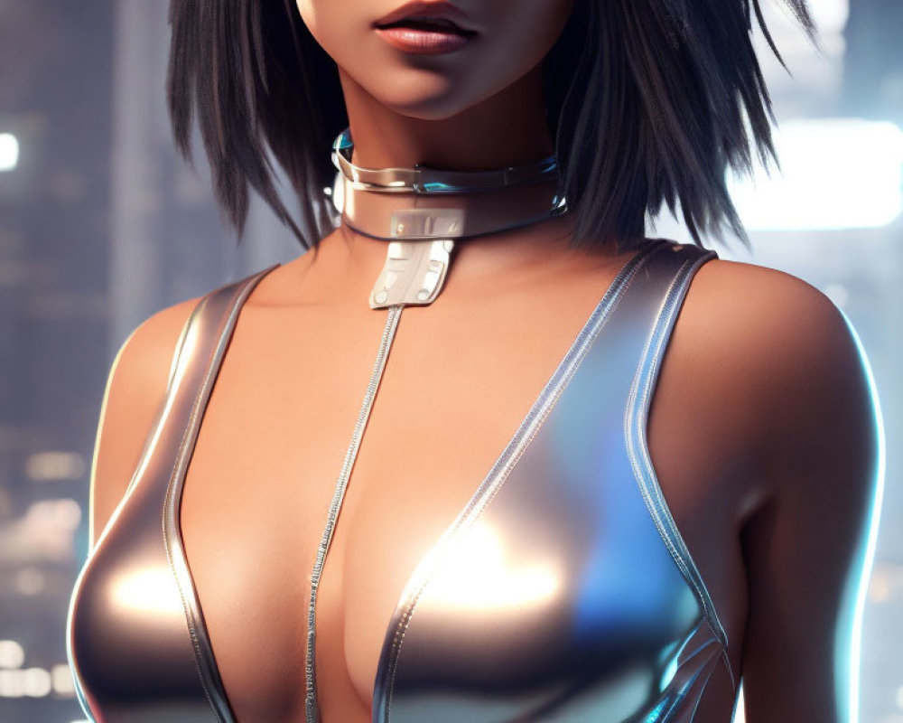 Futuristic woman in silver bodysuit and sunglasses under neon lights