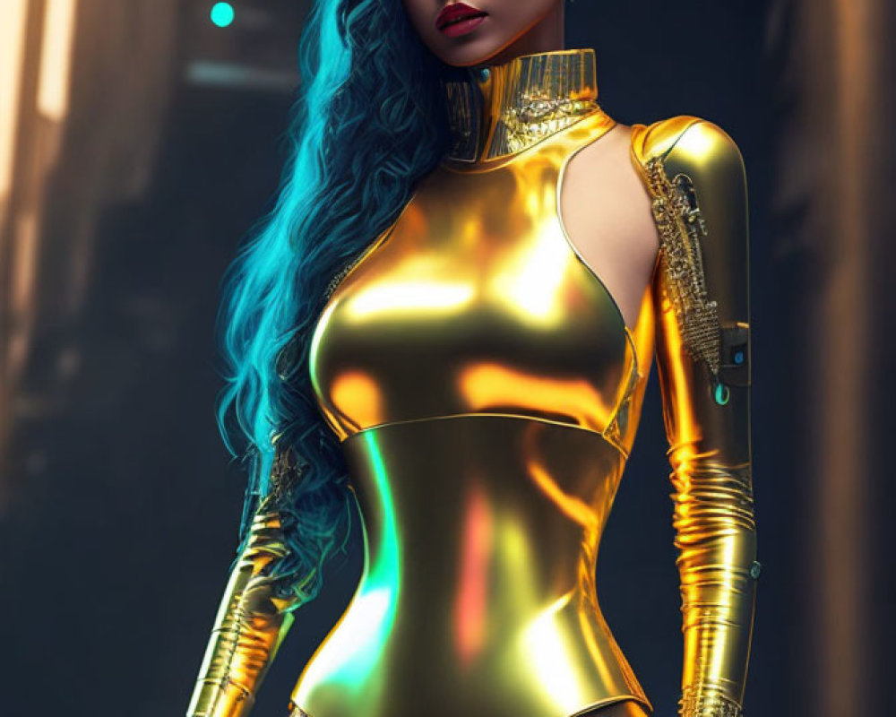 Blue-haired woman in gold bodysuit with arm sleeves poses on dimly lit street