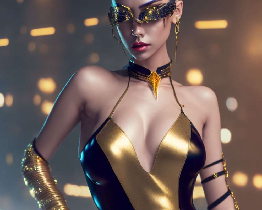 Futuristic golden and black bodysuit with glowing bokeh effects