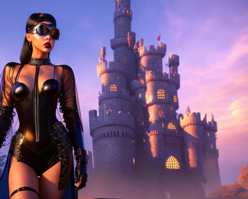 Stylized woman in futuristic outfit at grand castle during twilight