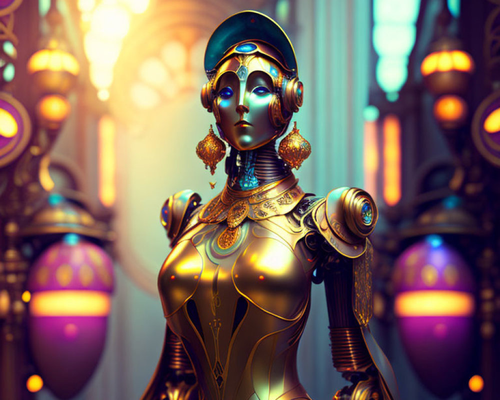 Golden humanoid robot in royal attire in futuristic hall