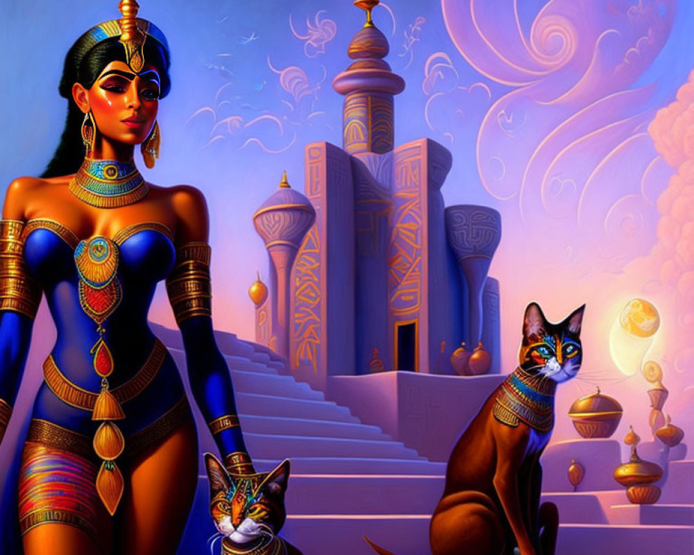 Stylized Egyptian woman with cats in gold and blue attire amid ancient buildings