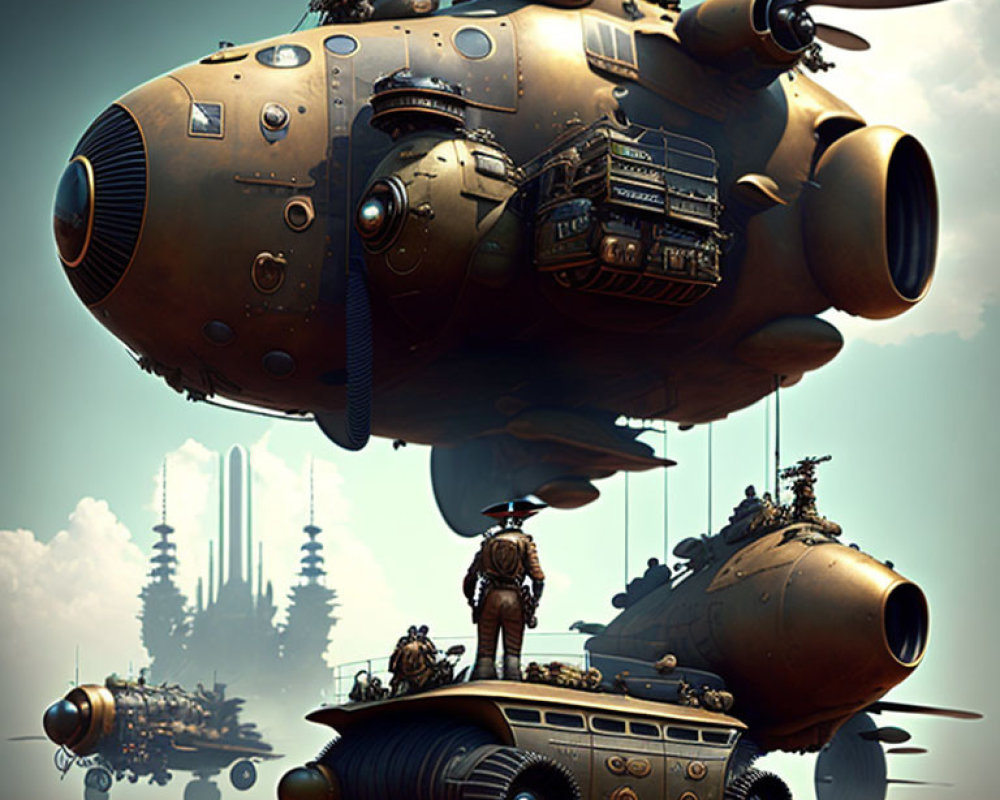 Steampunk-style airship over tank-like vehicle with people in heavy gear at dusk