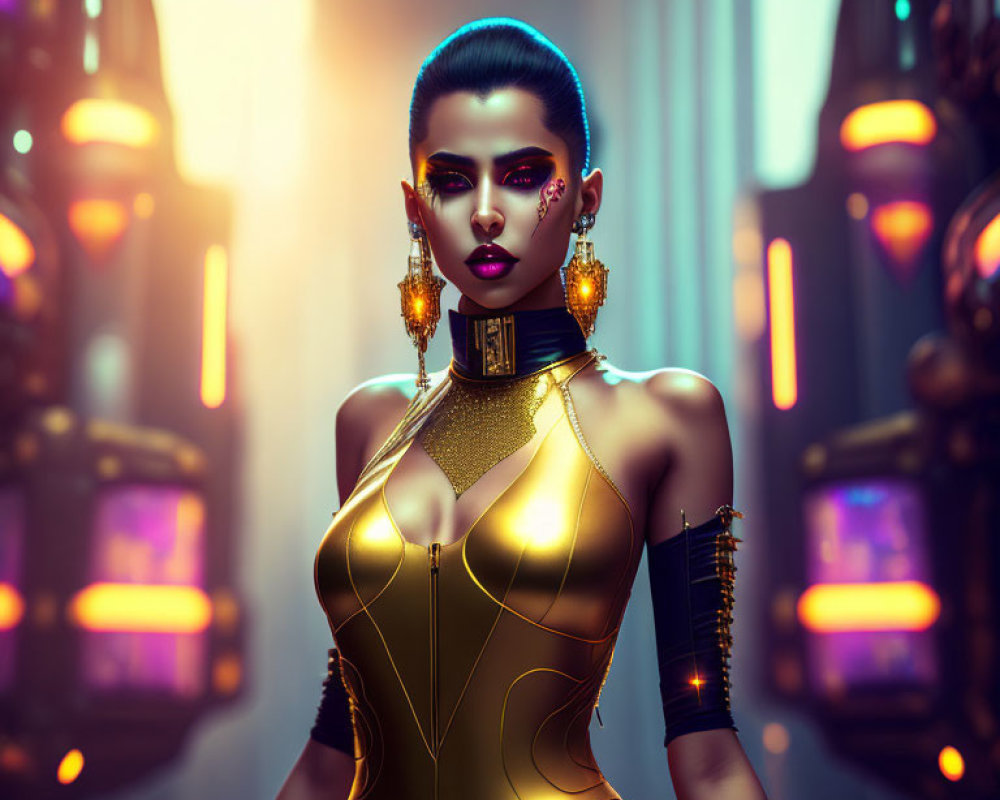 Blue-haired woman in gold sci-fi attire against high-tech backdrop