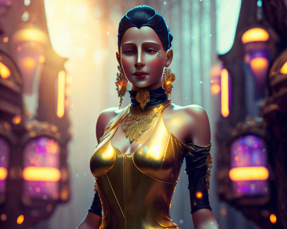 Elegant gold outfit and glowing aura in futuristic neon-lit scene