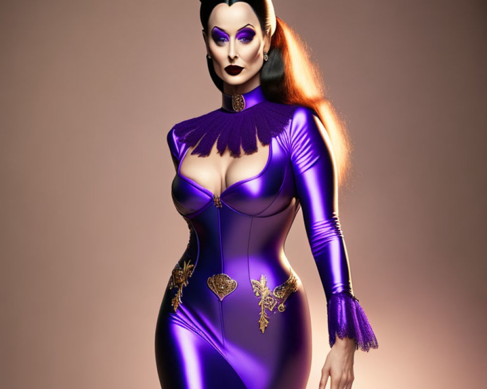 Exaggerated features on stylized character in purple bodysuit