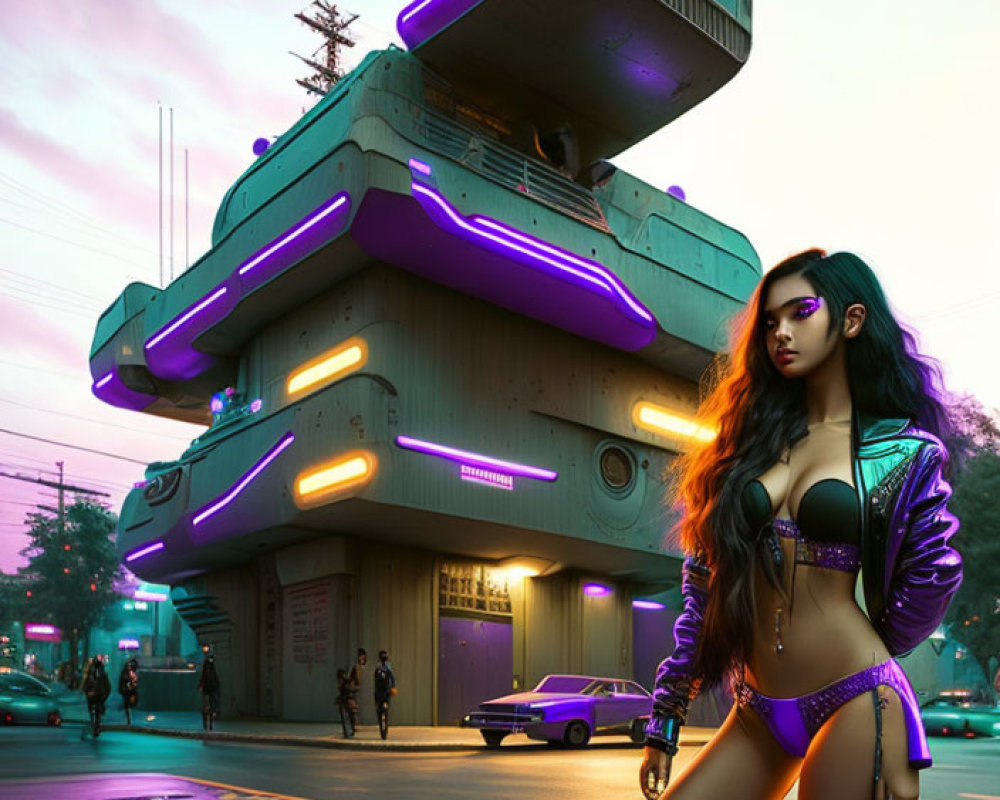 Futuristic cityscape with floating buildings, neon lights, vintage cars.