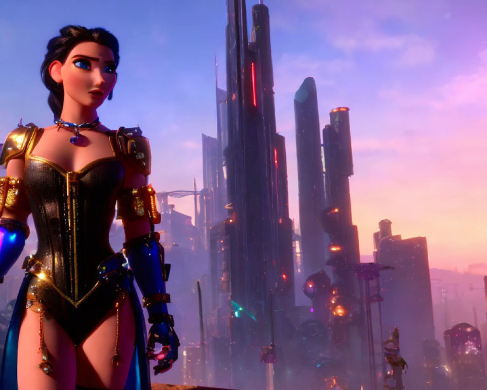 Futuristic 3D animated female character in armor suit against cityscape at sunset